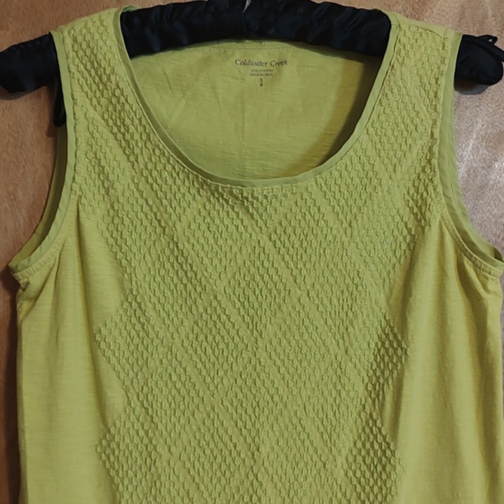 Coldwater Creek Embellished Tank Top Lime Green Woven Detail 100% Cotton Size S - Picture 2 of 7